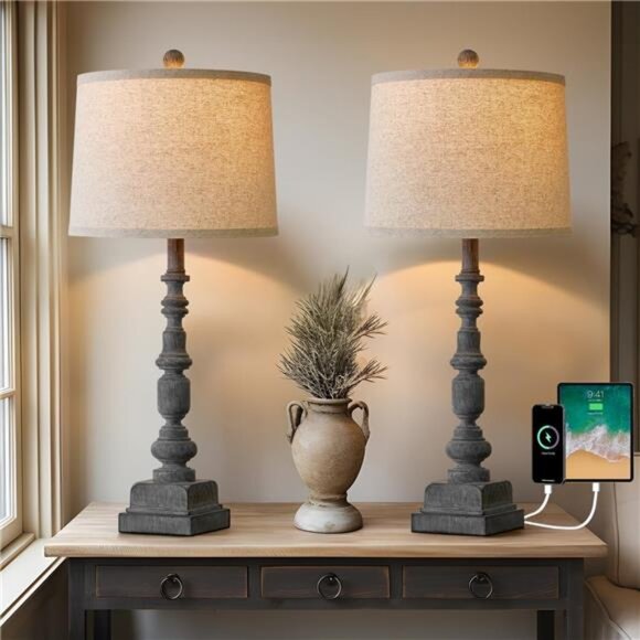 Oneach 27.75" Vintage Farmhouse USB A+C Table Lamps Set of 2 for Living Room